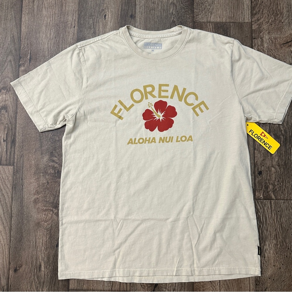 Florence Marine X Hawaii Aloha Hibiscus Cotton T-Shirt Tan Graphic Men's Size M
